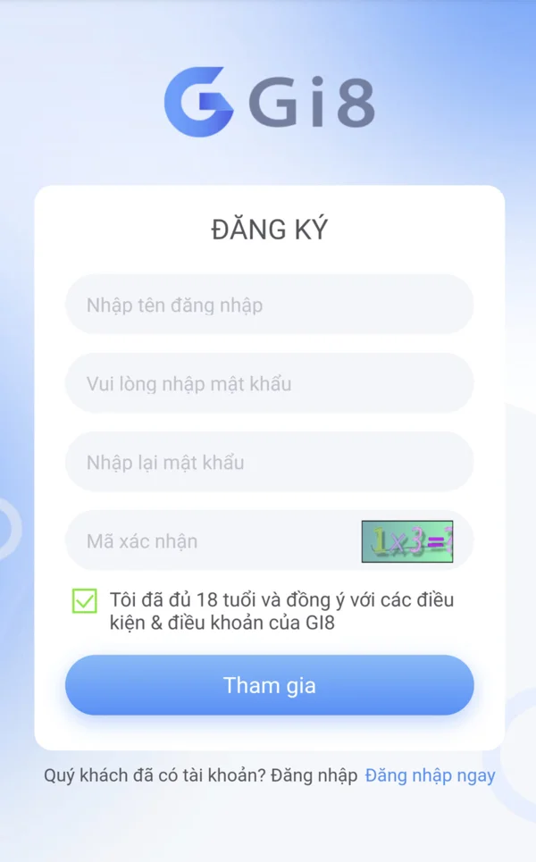 Biểu mẫu đăng ký Gi8 với các trường thông tin cần điền