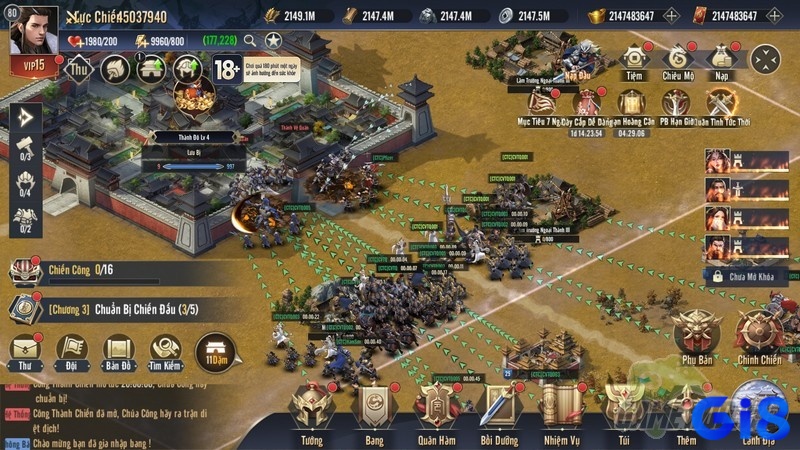 Màn hình chiến đấu SLG game tam quốc mobile với thành trì và binh đoàn quy mô lớn.