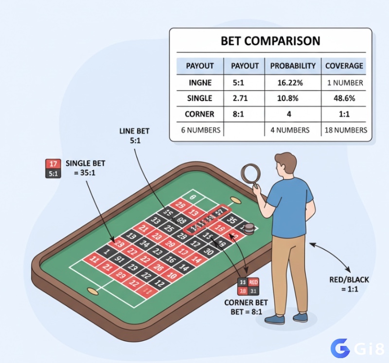 Người chơi nghiên cứu bảng so sánh Line Bet với các loại cược khác trên bàn roulette