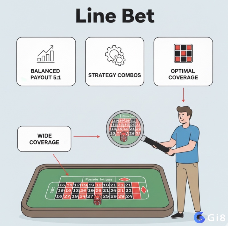 Người chơi đang xem xét những điểm mạnh của Line Bet trong trò roulette, như độ phủ cược và lợi nhuận cân bằng
