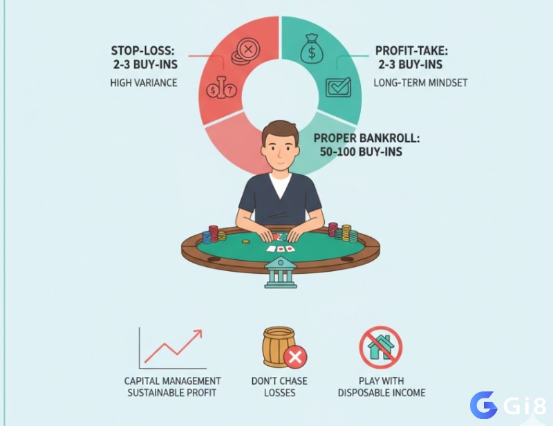 Người chơi poker Omaha quản lý vốn hiệu quả bằng cách thiết lập giới hạn cắt lỗ, chốt lời và xác định bankroll phù hợp