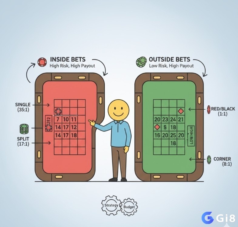 Người chơi roulette chỉ vào bảng cược, phân loại ""Inside Bets"" và ""Outside Bets"" để xây dựng chiến lược phù hợp