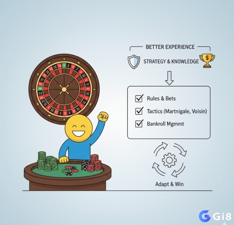 Người chơi roulette nắm vững luật, loại cược roulette châu âu là gì, chiến thuật (Martingale, Voisin du Zero) và quản lý vốn để nâng tầm trải nghiệm