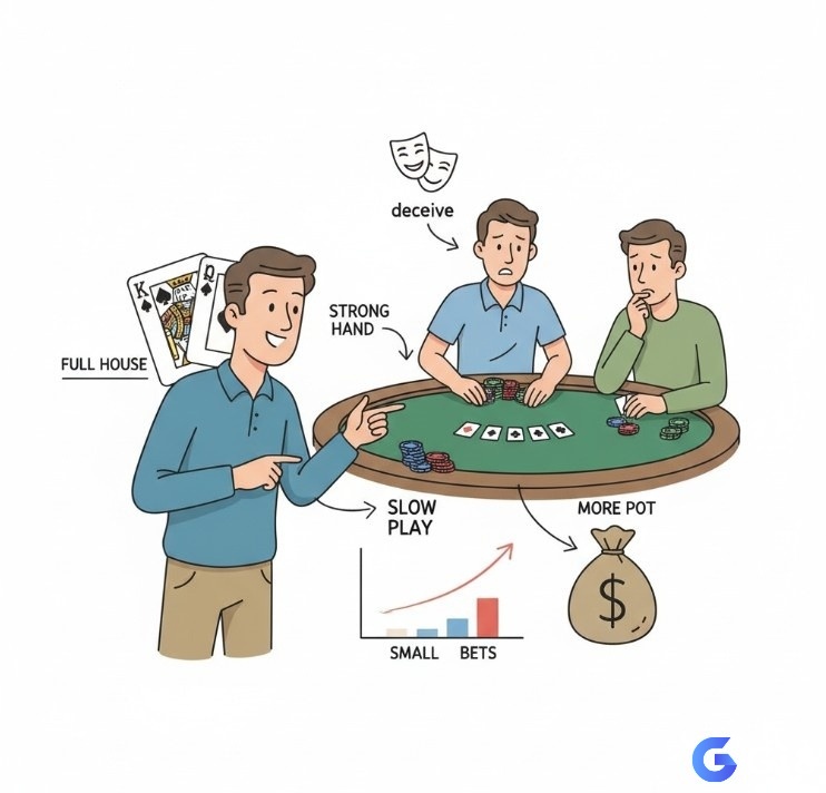 Slow play poker là gì? Người chơi poker giữ bài mạnh, chơi chậm để lừa đối thủ đặt cược thêm tiền vào pot