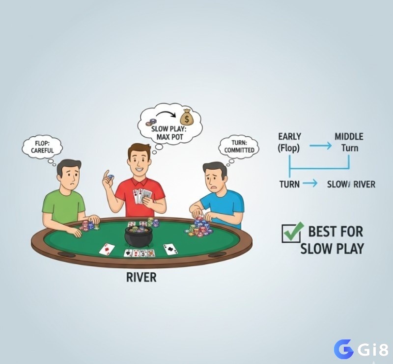 Người chơi poker áp dụng slow play hiệu quả nhất ở giai đoạn turn và river, dụ đối thủ đặt cược nhiều hơn