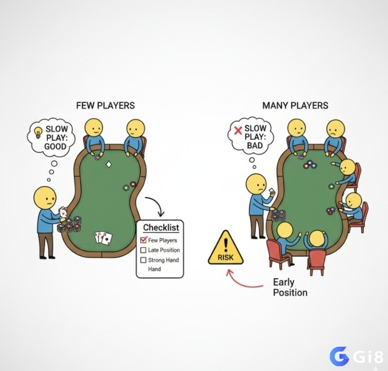 Người chơi poker đánh giá số lượng đối thủ và vị trí bàn để quyết định áp dụng chiến thuật slow play hiệu quả