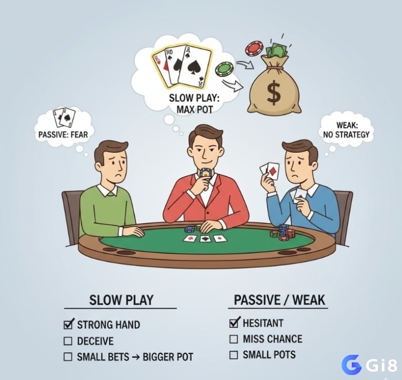 Người chơi poker phân biệt slow play chiến thuật với chơi thụ động hoặc chơi yếu, hiểu mục đích tối đa hóa pot