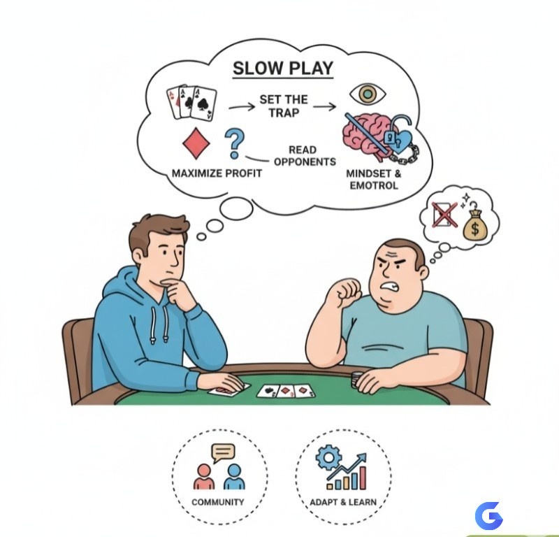 Người chơi Poker đang suy nghĩ về chiến thuật slow play, kiểm soát cảm xúc và đọc vị đối thủ