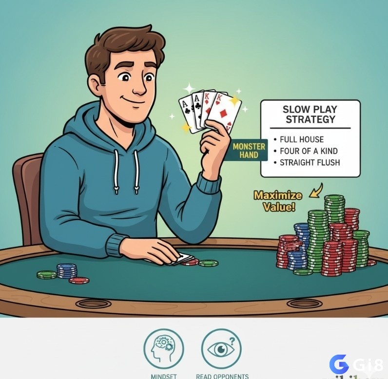 Người chơi Poker đang tự tin nhìn tay bài cực mạnh của mình để áp dụng chiến thuật slow play