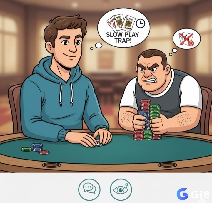 Người chơi Poker đang nhìn đối thủ đang cược mạnh và chờ thời cơ để slow play