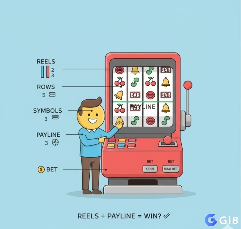 Người chơi khám phá cấu trúc cơ bản của game slot, bao gồm các thành phần chính như cuộn, hàng và biểu tượng