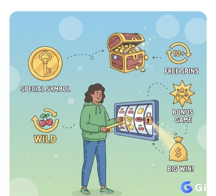 Người chơi game slot khám phá các biểu tượng đặc biệt như hình chìa khóa và rương kho báu, mở ra phần thưởng hấp dẫn