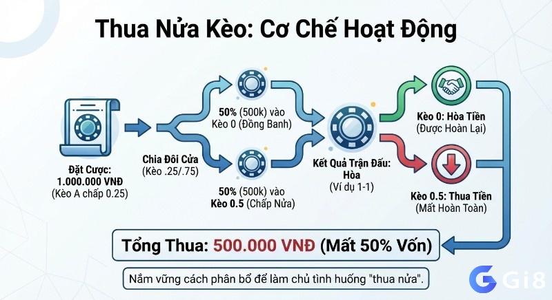 Quy trình hoạt động của cơ chế thua nửa kèo khi đặt cược với kèo chấp 0.25 và kết quả hòa, minh họa mất 50% vốn