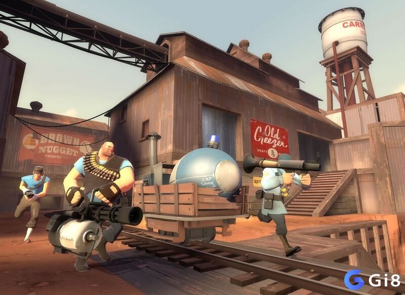 Heavy và Medic phối hợp đẩy xe tại bản đồ Payload lúc buổi tối trong game Team Fortress 2