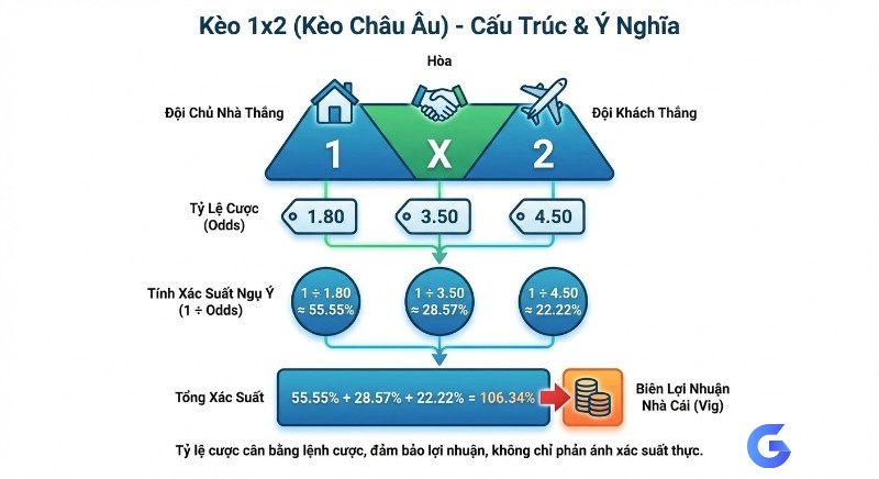 Cấu trúc kèo 1x2 là gì, hướng dẫn tính xác suất ngụ ý từ tỷ lệ cược và nhận diện biên lợi nhuận nhà cái (Vig) cân bằng lệnh cược