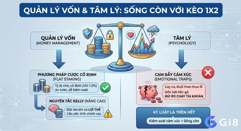 Sơ đồ tổng quan quản lý vốn (,Flat Staking, Kelly) và tâm lý vững vàng trong cá cược 1x2, giúp kiểm soát cảm xúc để sống còn