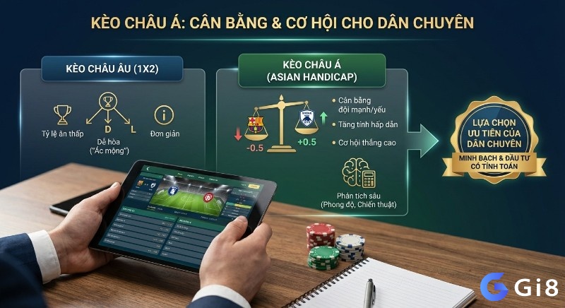 Gi8 giải thích Kèo Châu Á bóng đá là cân bằng và cơ hội cho dân chuyên, đối lập với Kèo Châu Âu kém hấp dẫn