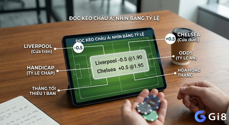 Ví dụ minh họa cách đọc kèo Châu Á bóng đá: bảng tỷ lệ chấp và tỷ lệ ăn, làm rõ Liverpool -0.5 @1.90, Chelsea +0.5 @1.95