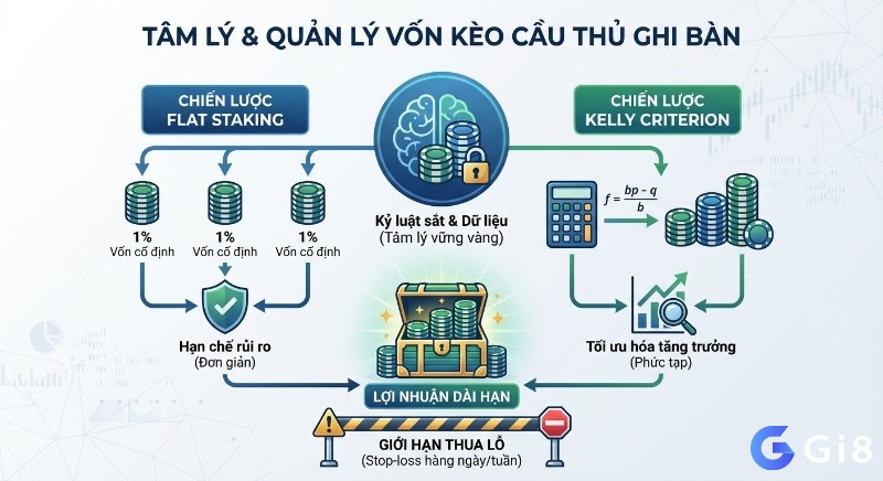 Tổng quan chiến lược quản lý vốn kèo cầu thủ ghi bàn: so sánh Flat Staking hạn chế rủi ro và Kelly Criterion tối ưu tăng trưởng, kết hợp kỷ luật