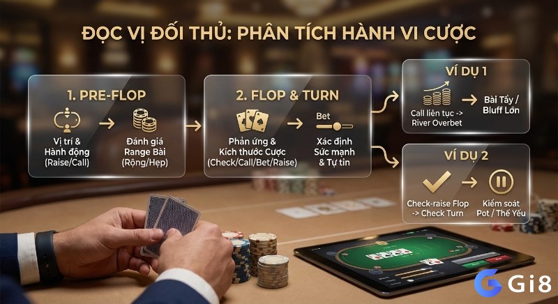 Quy trình phân tích hành vi cược của đối thủ trong Poker qua Pre-flop, Flop, Turn, giúp đọc vị bài và mức độ tự tin, kèm ví dụ Overbet và thế yếu