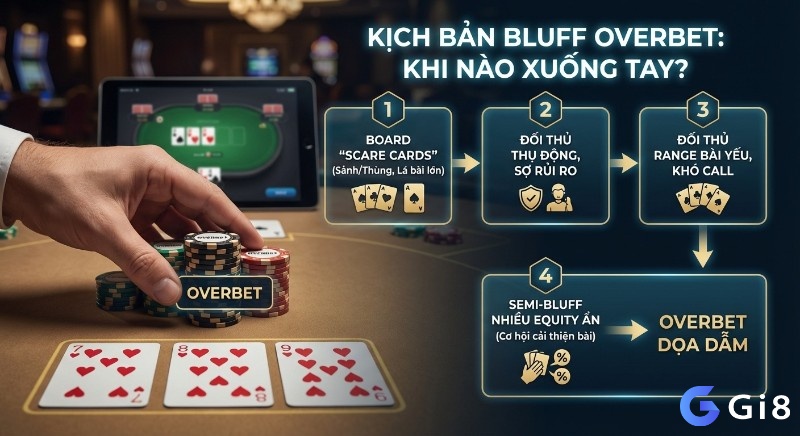 Chiến lược Overbet dọa dẫm hiệu quả: Đánh giá board, phong cách đối thủ, range bài và tiềm năng semi-bluff để xuống tay