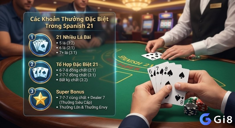 Danh sách chi tiết các khoản thưởng độc quyền trong Spanish 21, bao gồm thưởng 21 nhiều lá, tổ hợp đặc biệt và Super Bonus