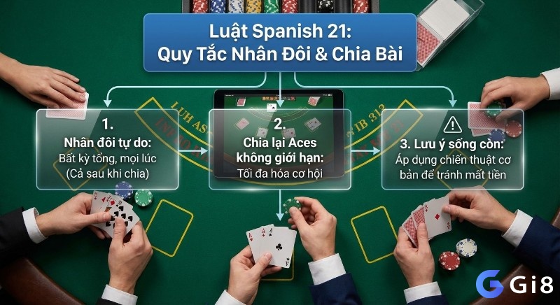 Sơ đồ 3 quy tắc chính trong luật Spanish 21: nhân đôi tự do, chia lại Aces không giới hạn và lưu ý chiến thuật cơ bản