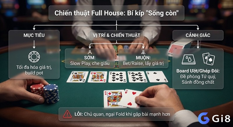 Sơ đồ chiến lược Full House trong Poker, tối ưu giá trị tay bài, điều chỉnh theo vị trí, và cảnh giác với board ướt/board ghép đôi