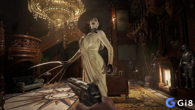 Hành lang lâu đài trong Resident Evil Village với ánh sáng mờ và chi tiết cổ điển