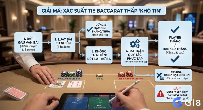 Sơ đồ giải thích chi tiết lý do xác suất Tie thấp, do quy tắc rút bài phức tạp hạn chế hòa và khuyến nghị tránh nuôi Tie