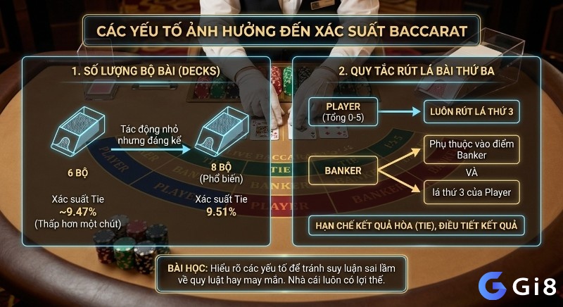 Bảng tổng hợp yếu tố ảnh hưởng xác suất tie baccarat là bao nhiêu: số bộ bài (6 bộ 9.47%, 8 bộ 9.51%) và quy tắc rút lá thứ ba