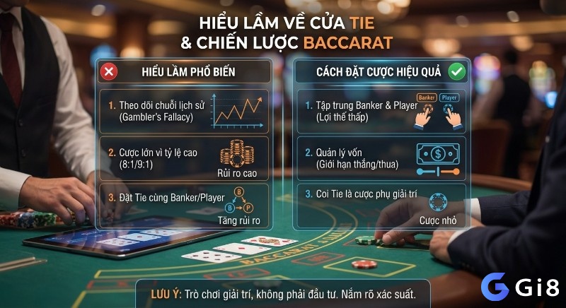 Tổng quan các hiểu lầm về cửa Tie và chiến lược Baccarat hiệu quả, loại bỏ Gambler's Fallacy, ưu tiên Banker/Player, quản lý vốn chặt chẽ