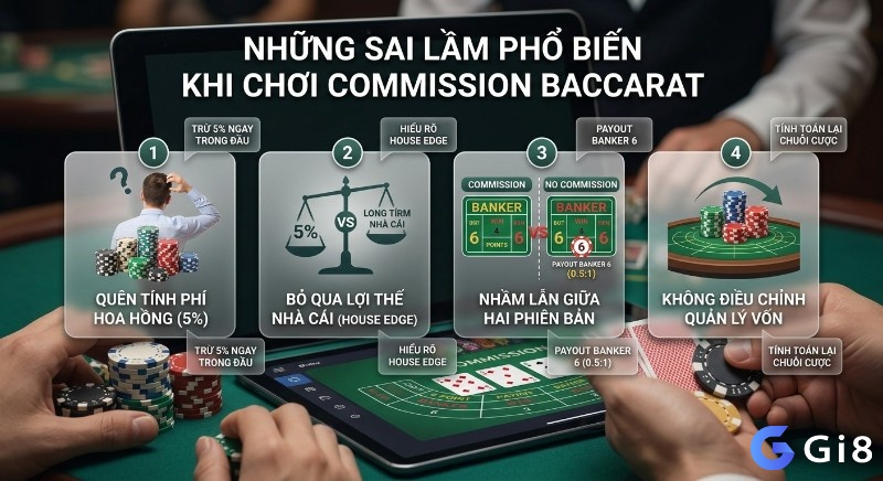 Người chơi Commission Baccarat thường mắc 4 lỗi: quên phí 5%, không tính house edge, nhầm phiên bản và quản lý vốn kém