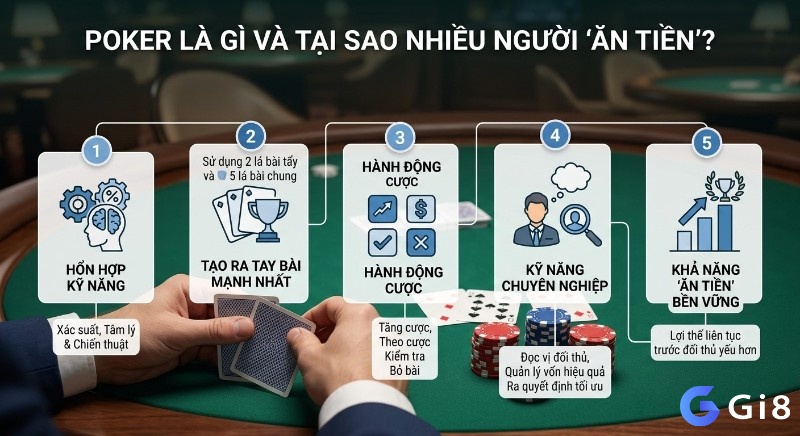 Tổng quan 5 yếu tố giúp người chơi Poker 'ăn tiền' bền vững, từ kỹ năng hỗn hợp đến lợi thế liên tục trước đối thủ trong poker chơi như thế nào