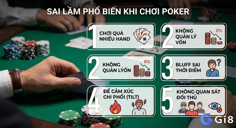 Checklist 5 sai lầm chết người khi chơi Poker, từ chơi quá nhiều hand đến không quản lý vốn, bluff sai và bị tilt