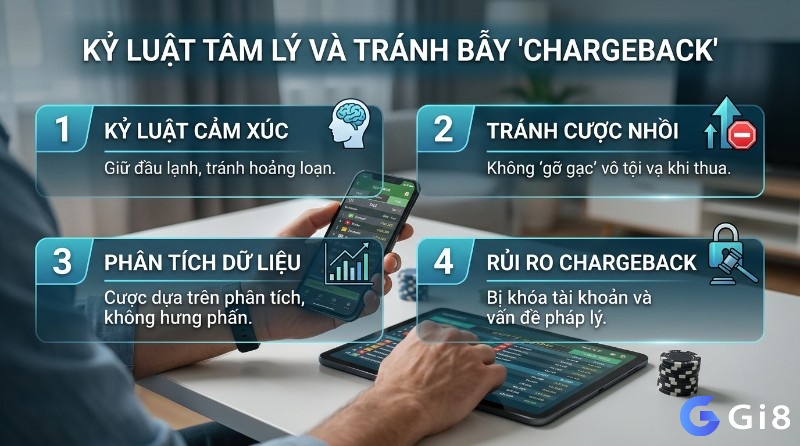 Kỷ luật tâm lý và tránh bẫy Chargeback khi cá cược, nhấn mạnh kiểm soát cảm xúc, phân tích dữ liệu, không cược nhồi, và rủi ro khóa tài khoản
