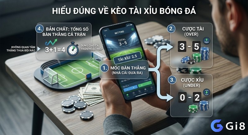 Giải thích kèo tài xỉu bóng đá, bao gồm mốc bàn thắng, lựa chọn Tài/Xỉu và bản chất tổng số bàn thắng của trận đấu