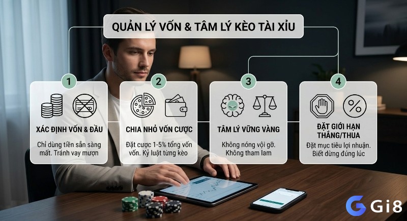 Quy trình 4 bước quản lý vốn, và tâm lý kèo tài xỉu, bao gồm xác định vốn, chia nhỏ, giữ vững tâm lý và đặt giới hạn