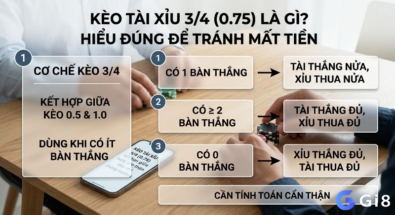 Giải thích cơ chế kèo Tài Xỉu 3/4 (0.75) chi tiết cách tính thắng/thua theo số bàn thắng (0, 1, hoặc từ 2 trở lên)