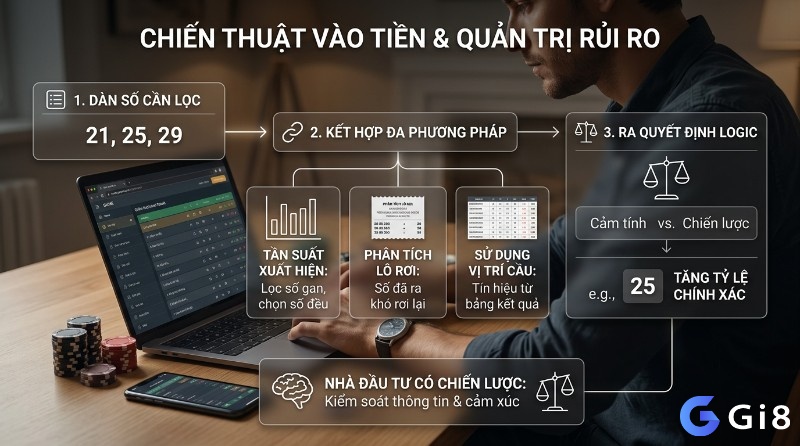Chiến thuật vào tiền, quản trị rủi ro: kết hợp tần suất, lô rơi, vị trí cầu để lọc số 21, 25, 29, đưa ra quyết định logic, tăng tỷ lệ chính xác