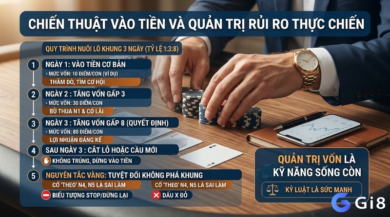 Chiến thuật vào tiền và quản trị rủi ro, thực chiến với quy trình nuôi lô khung 3 ngày tỷ lệ 1:3:8, quản lý vốn 10, 30, 80 điểm