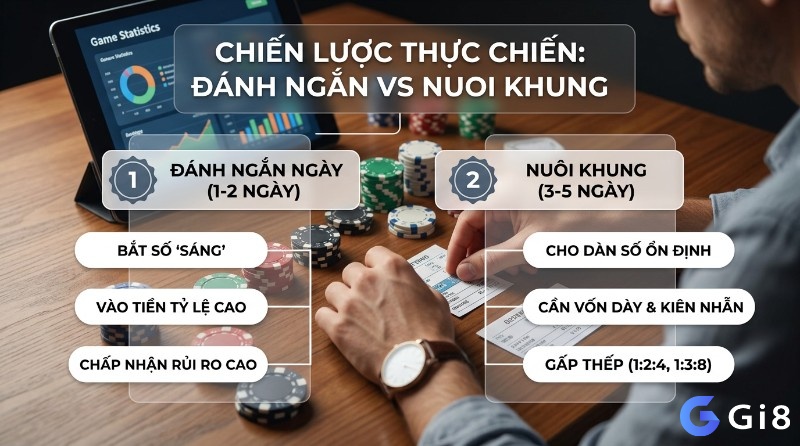 Phân biệt chiến lược đánh ngắn ngày (1-2 ngày, rủi ro cao) và nuôi khung (3-5 ngày, vốn dày, gấp thếp) với người chơi và chip poker
