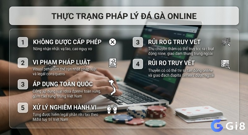 Tổng quan 5 điểm chính về thực trạng pháp lý đá gà online ở Việt Nam, nhấn mạnh không được cấp phép và rủi ro truy vết