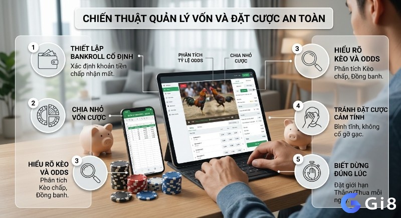 Chiến thuật 5 nguyên tắc quản lý vốn và đặt cược an toàn khi chơi online, giúp người chơi hiểu kèo, chia nhỏ vốn và biết dừng đúng lúc
