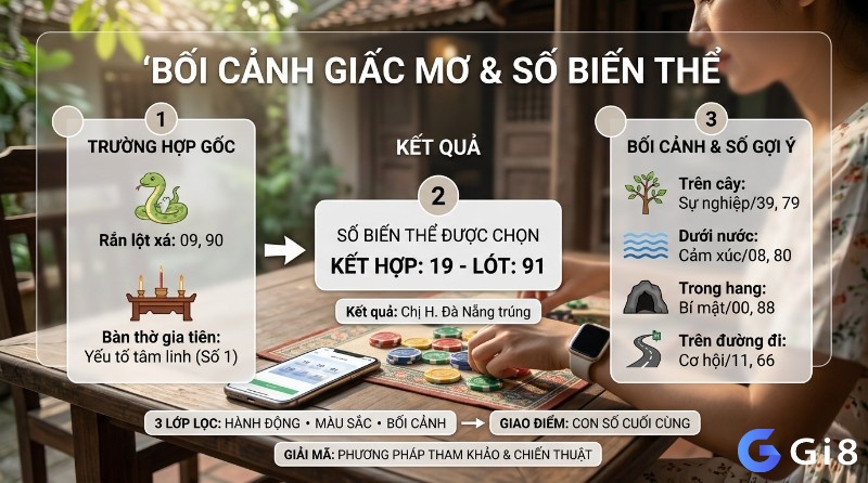 Bối cảnh giấc mơ và số biến thể: Phân tích rắn lột xác (09, 90) trên bàn thờ gia tiên (số 1) tạo ra số 19, 91. Gợi ý bối cảnh: trên cây (39, 79), dưới nước (08, 80), trong hang (00, 88), trên đường (11, 66) trong nằm mơ thấy rắn nhỏ đánh số gì