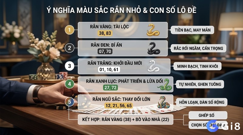 Trong giấc mơ, rắn nhỏ đổi màu cũng đổi nghĩa: vàng thiên về tài lộc, đen nghiêng về bí ẩn, trắng mở ra khởi đầu mới, xanh lục gợi đà phát triển, còn ngũ sắc báo hiệu những chuyển biến mạnh mẽ