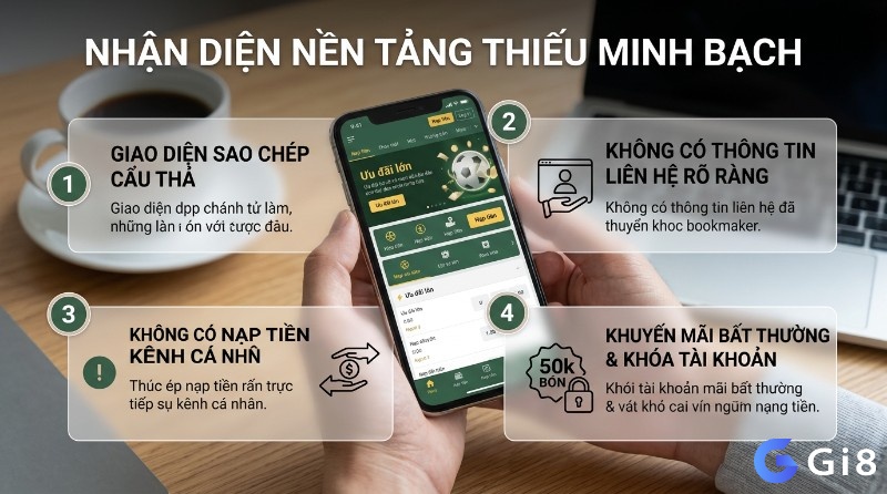 Dấu hiệu nền tảng thiếu minh bạch: giao diện sao chép, không thông tin liên hệ, ép nạp kênh cá nhân, khuyến mãi bất thường, khóa tài khoản.