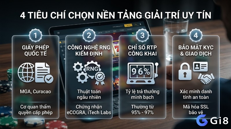 Tiêu chí chọn nền tảng trò chơi cờ bạc của người nhật uy tín: giấy phép quốc tế MGA, Curacao, công nghệ RNG kiểm định eCOGRA, iTech Labs, RTP 95-97%, bảo mật KYC, SSL