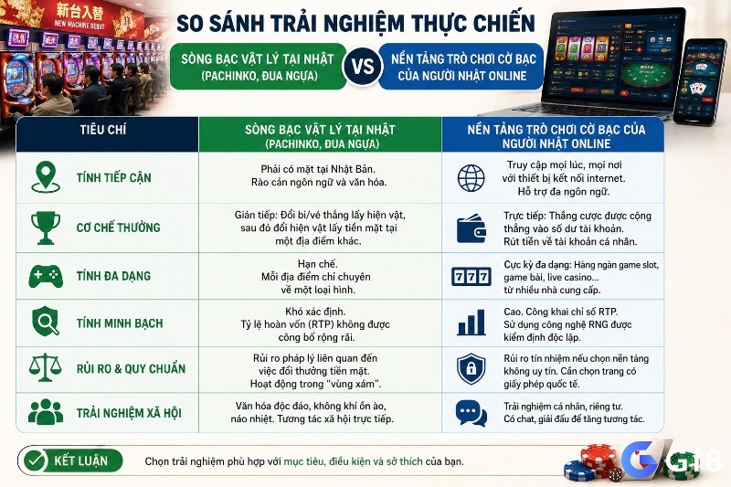 So sánh giữa sòng bạc vật lý tại Nhật, và nền tảng online cho thấy mỗi hình thức đều có thế mạnh riêng