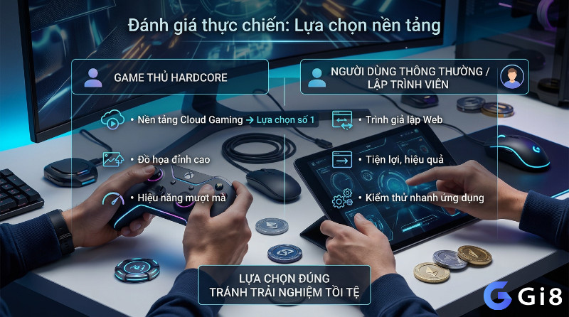 Đánh giá lựa chọn nền tảng: game thủ hardcore ưu tiên cloud gaming cho đồ họa đỉnh, hiệu năng mượt; người dùng/lập trình viên chọn trình giả lập web tiện lợi, kiểm thử nhanh ứng dụng